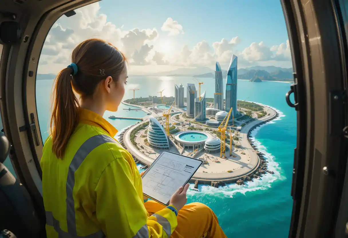 Engineer in helicopter overlooking futuristic island city