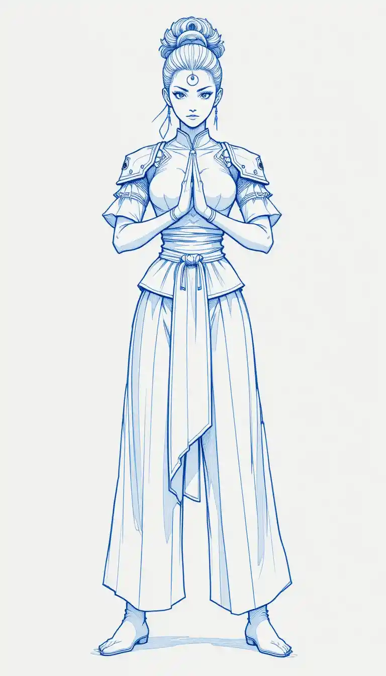 Nineties anime martial artist character sheet front pose