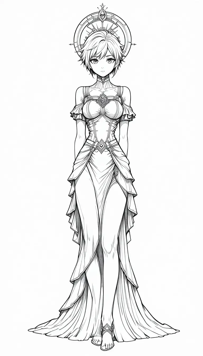Monochrome manga woman in flowing gown with halo
