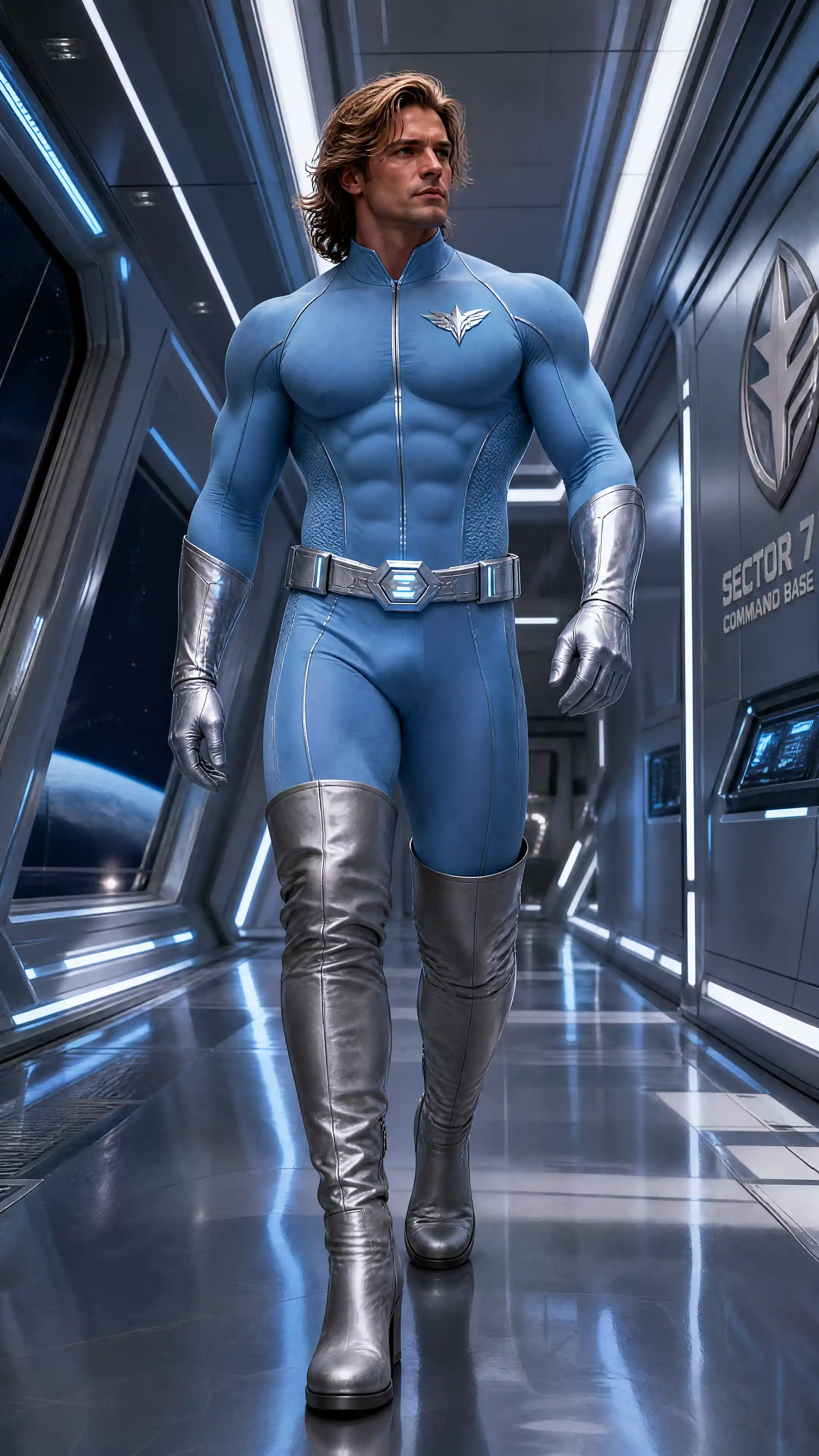 Muscular superhero walking through a bright space station corridor
