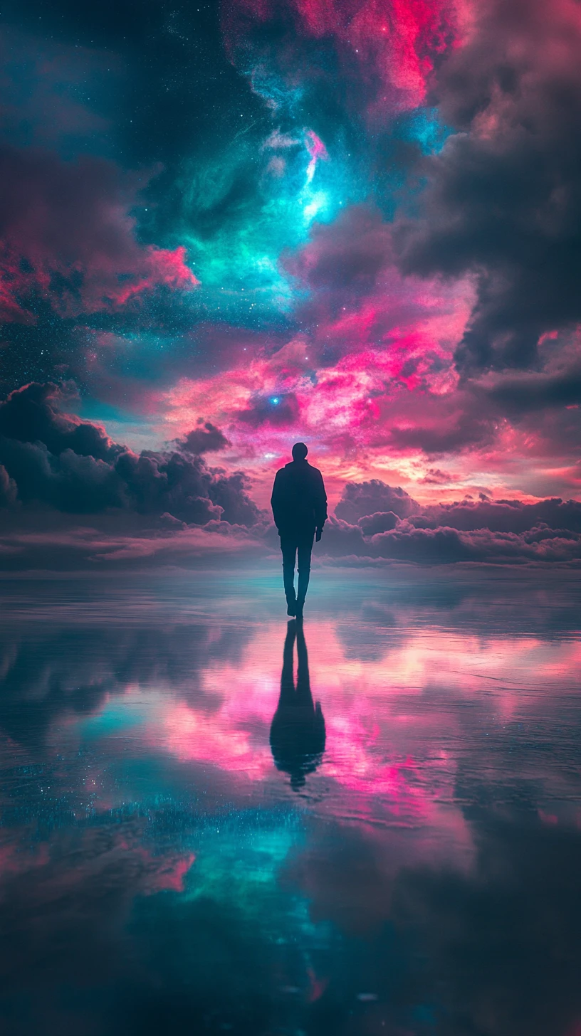 Einsame Gestalt auf spiegelnder Fläche in wirbelnden Wolken