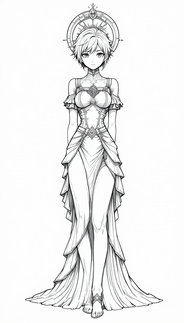 Monochrome manga woman in flowing gown with halo