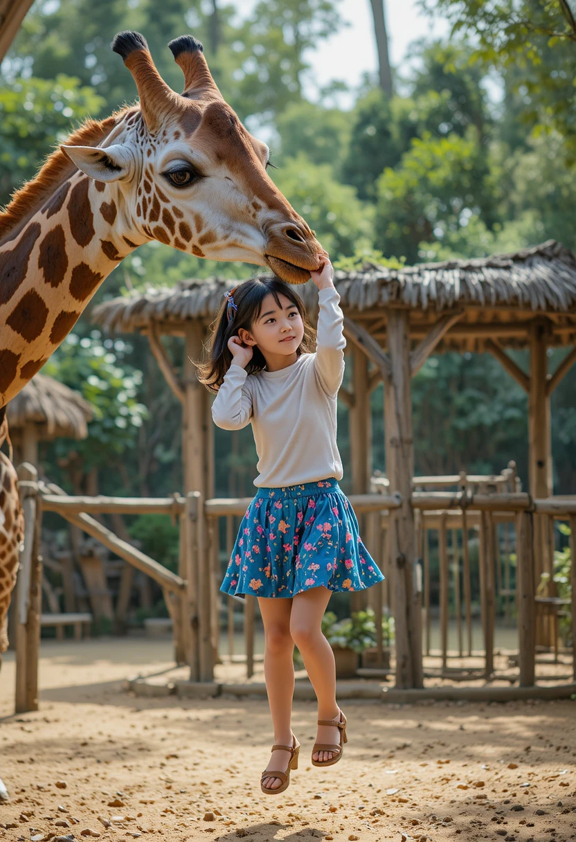 Young girl lifted by giraffe at zoo enclosure