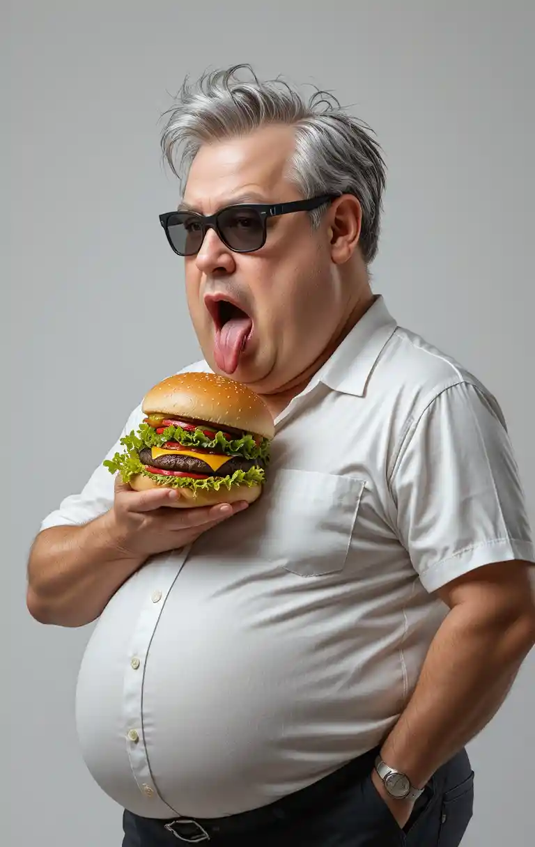 Hungry man in close up reaching for a big hamburger