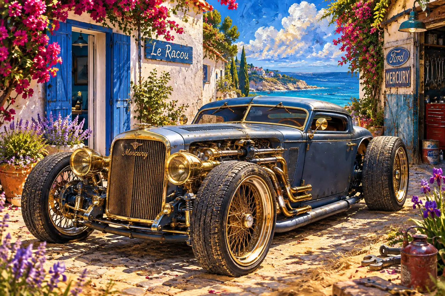 Cyberpunk car on a sunlit Mediterranean village street