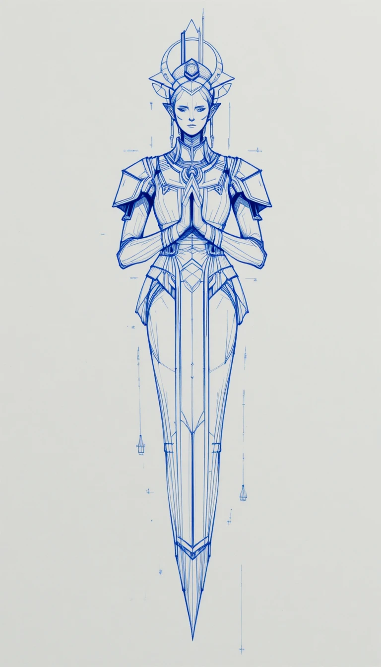 Mystical robed figure floating in symmetrical ink drawing