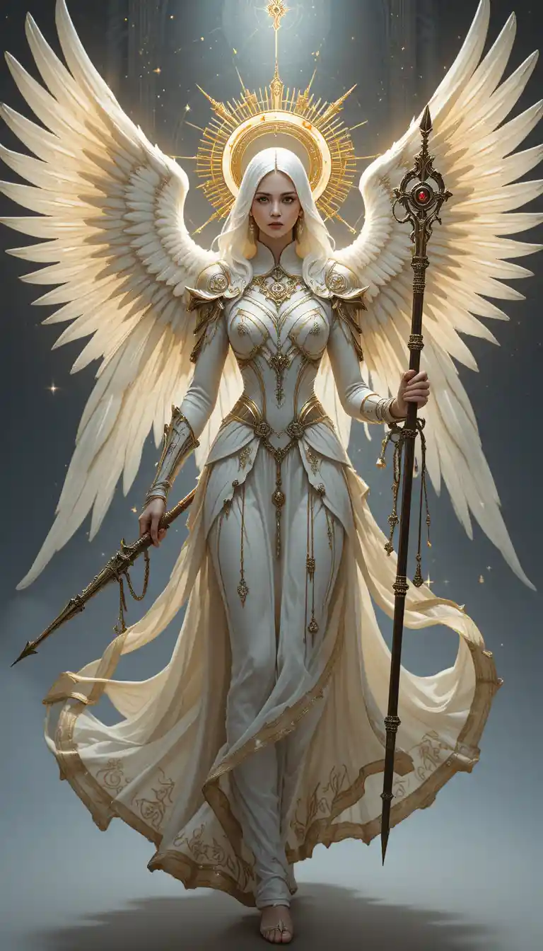 Guerreira angelical sagrada com espada divina brilhante