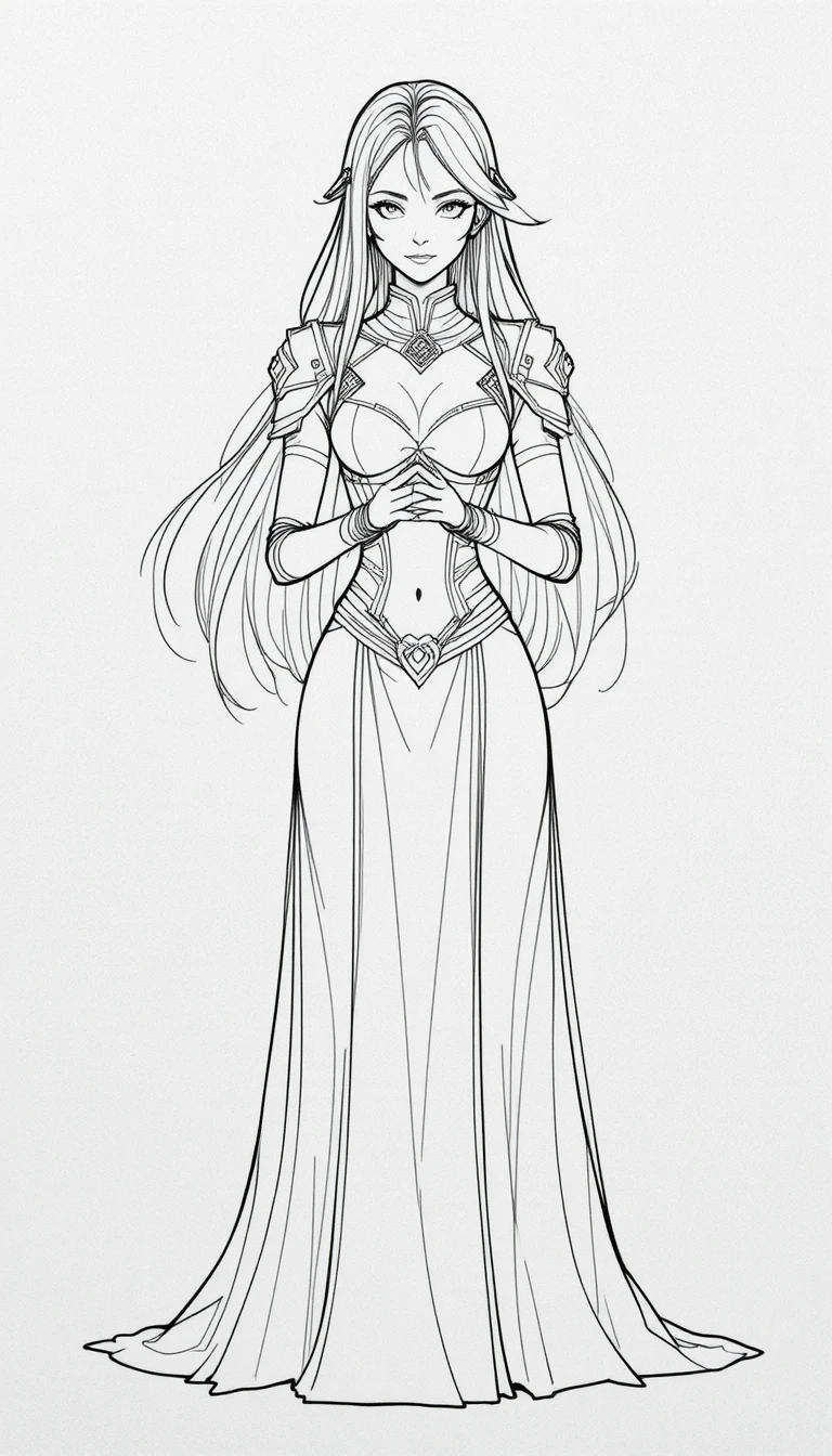 Fantasy line art woman with armor and flowing hair
