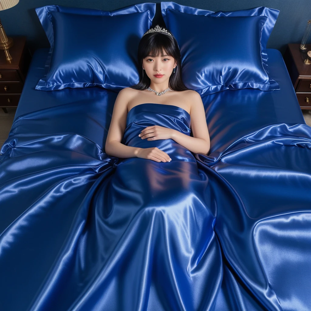 Elegante donna giapponese che riposa su un letto di raso blu