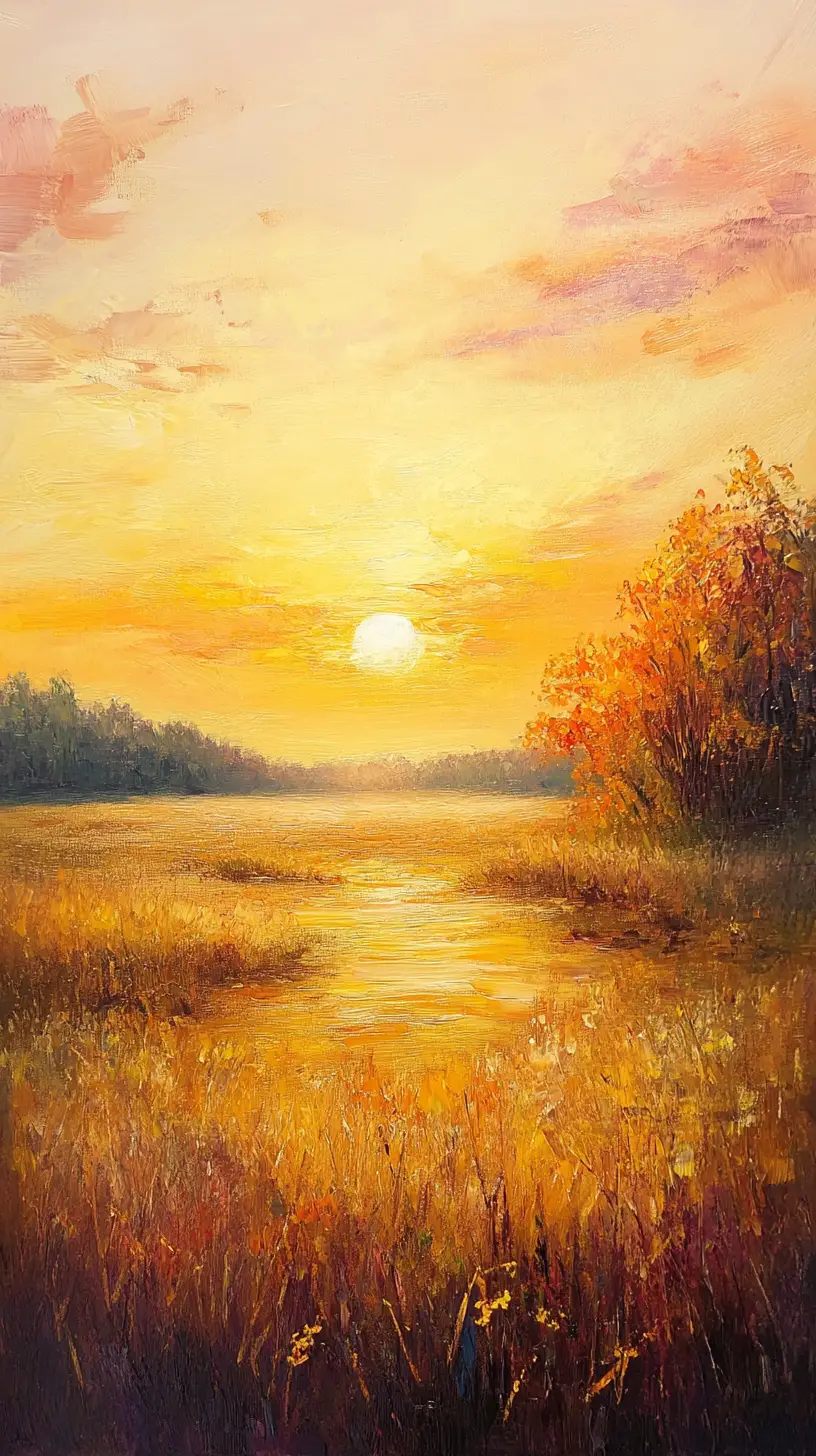 Impressionist countryside landscape in warm golden sunset light