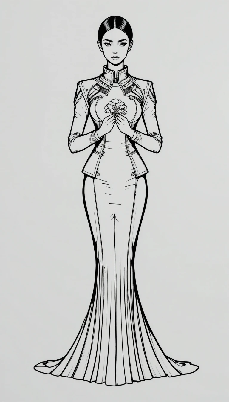 Ilustración de moda en línea monocromática de mujer regia con flores