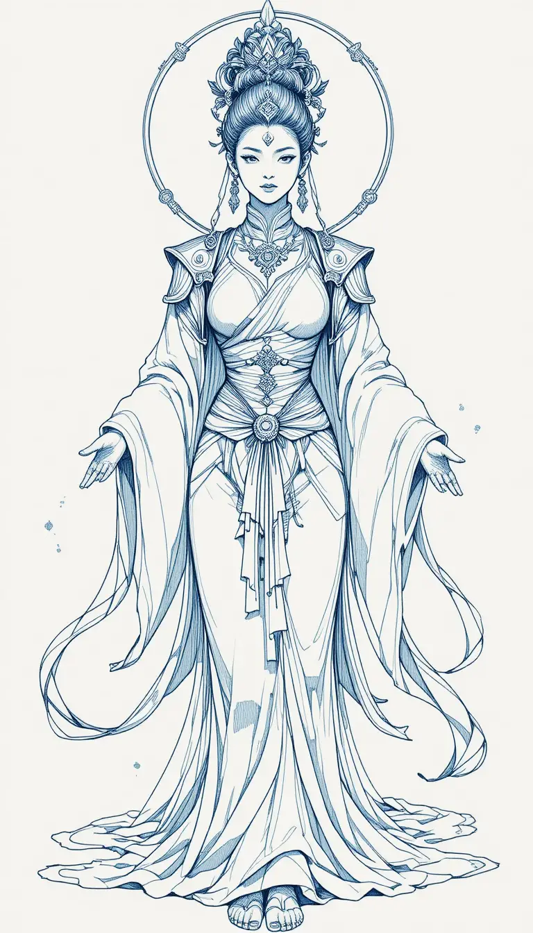 Divine anime woman in celestial robes with ink linework