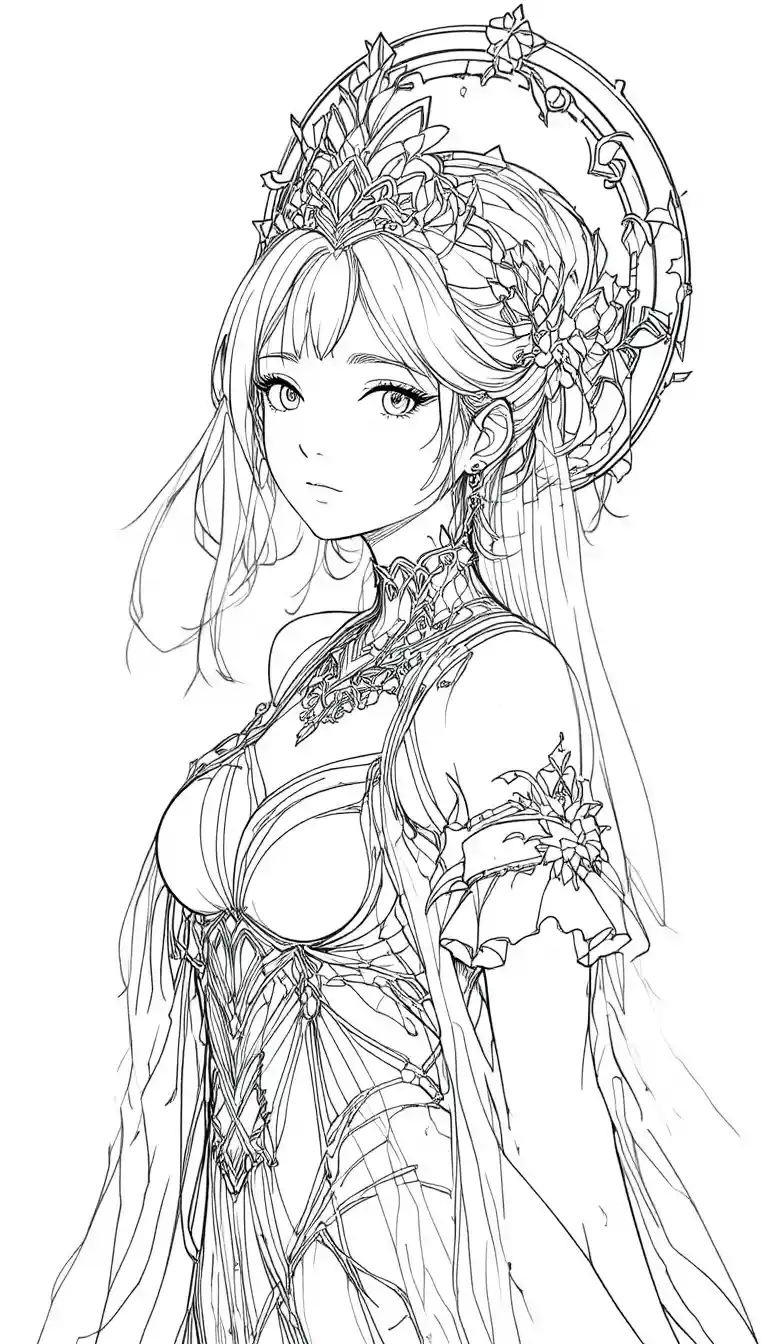 Donna Anime Serena con Aureola in Line Art Dettagliata