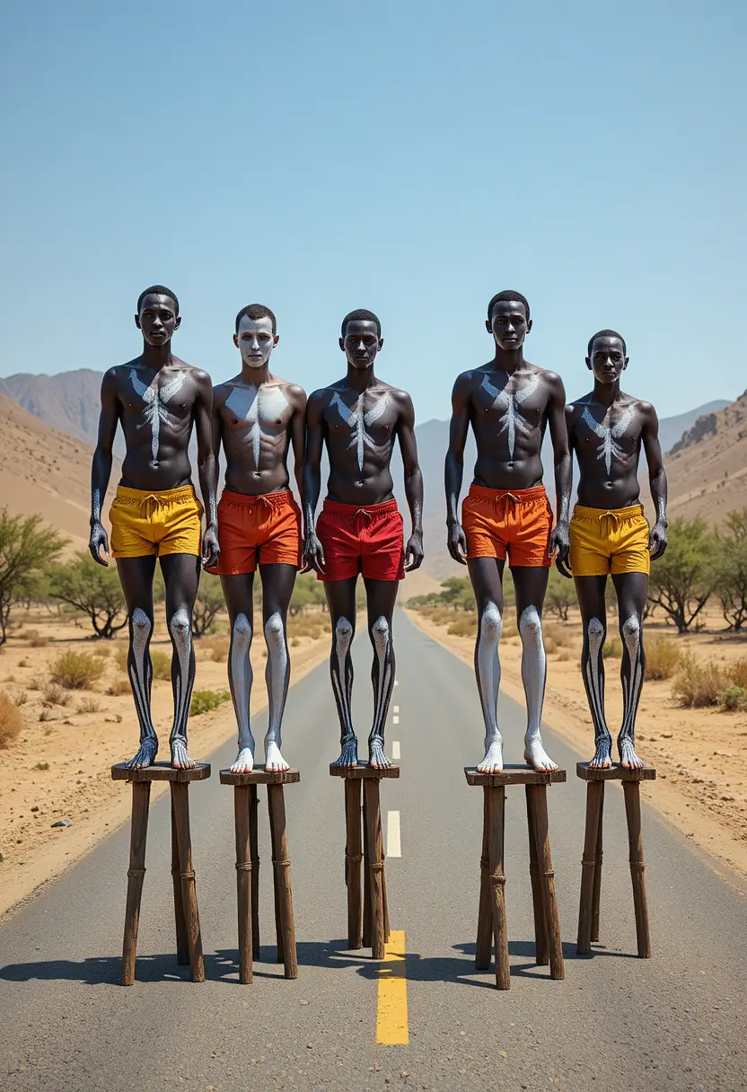 African stilt walkers crossing a sunlit desert road