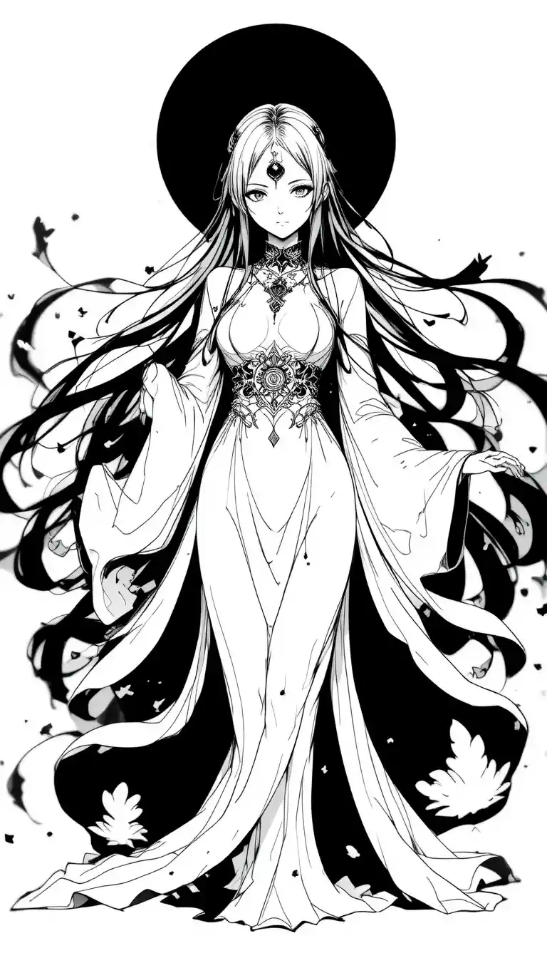 Ethereal anime woman in flowing ink robes with halo