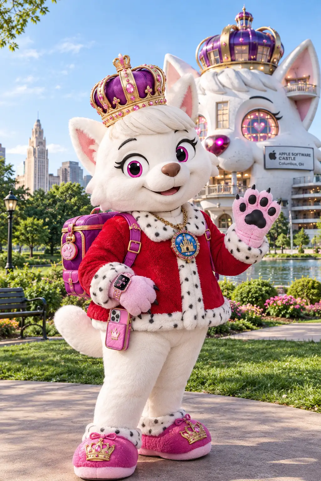 Dog mascot queen standing upright in a city park