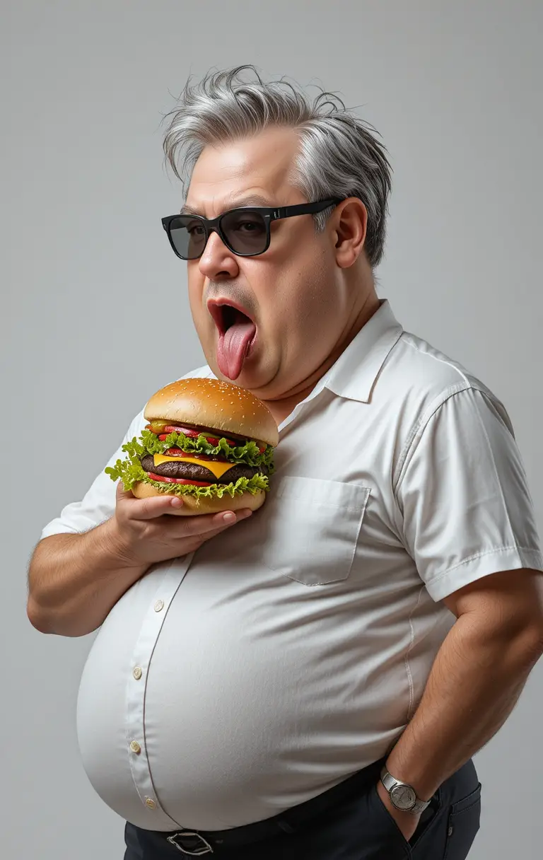 Hungry man in close up reaching for a big hamburger