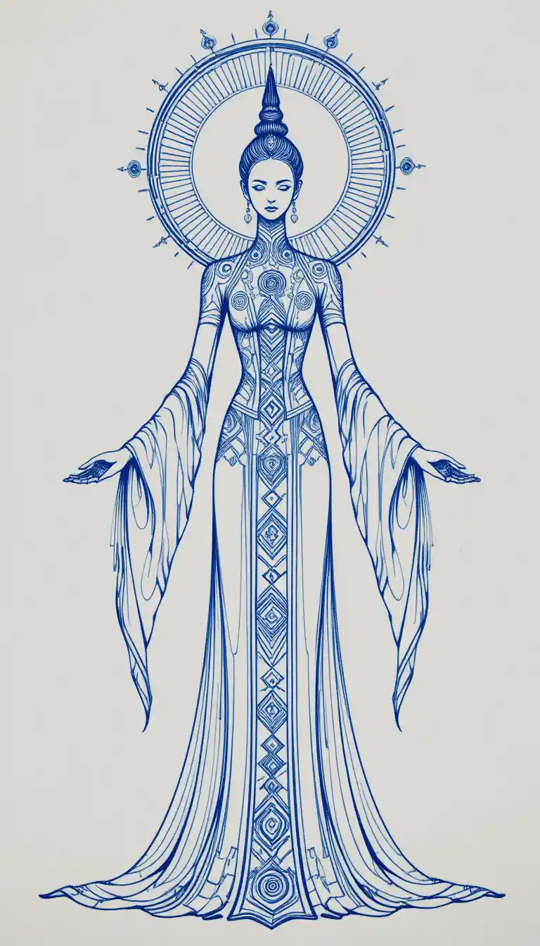Figura celestial de manto com auréola em arte linear simétrica