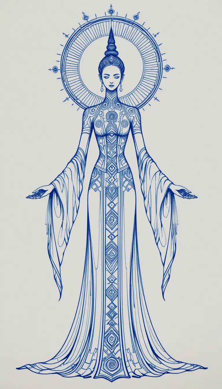 Celestial robed figure with halo in symmetrical line art