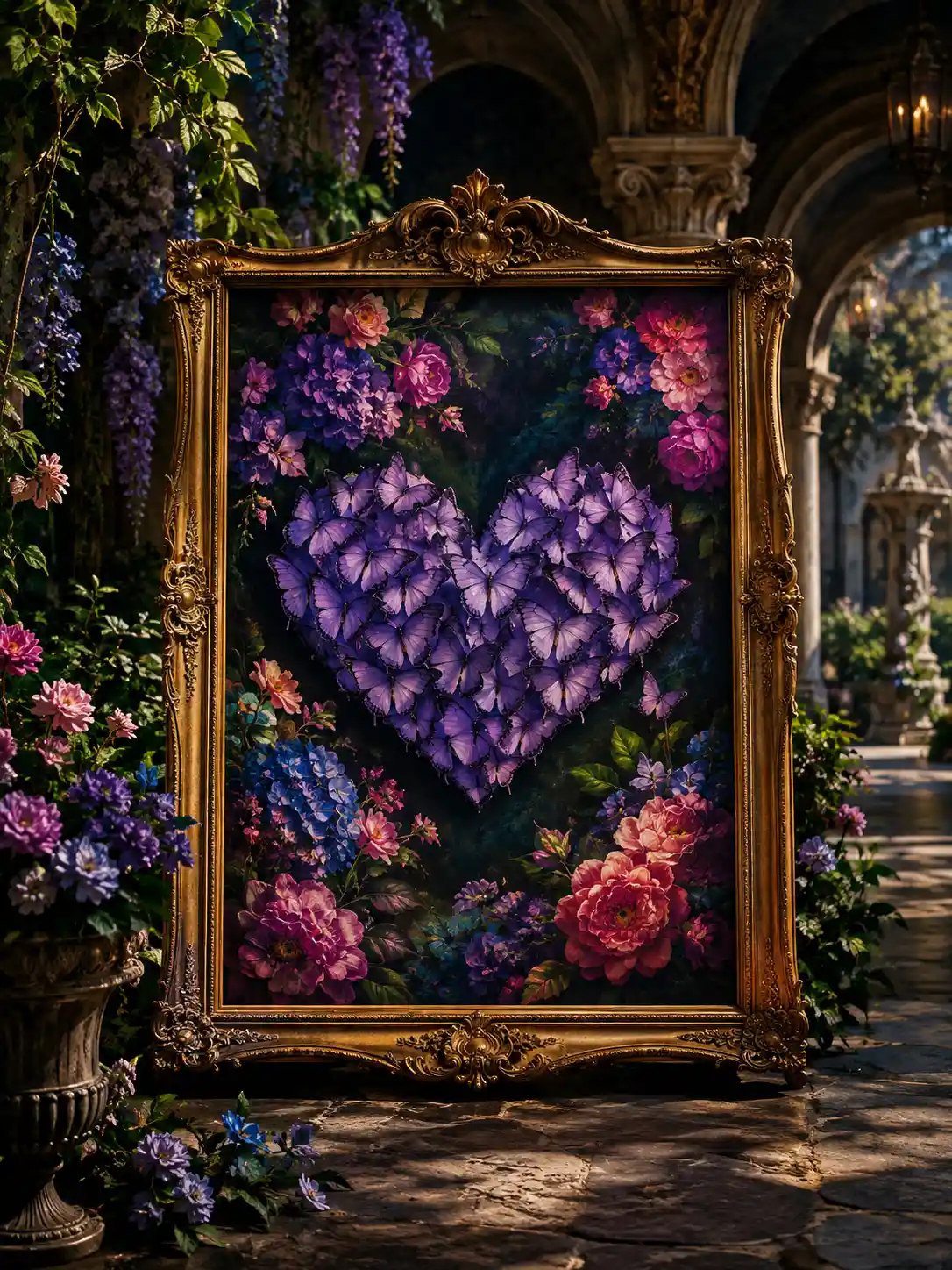 Lilac Butterfly Heart Painting In A Baroque Courtyard