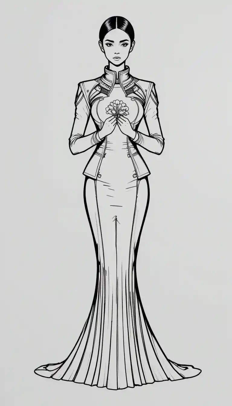 Monochrome Fashion-Line-Art einer königlichen Frau mit Blumen