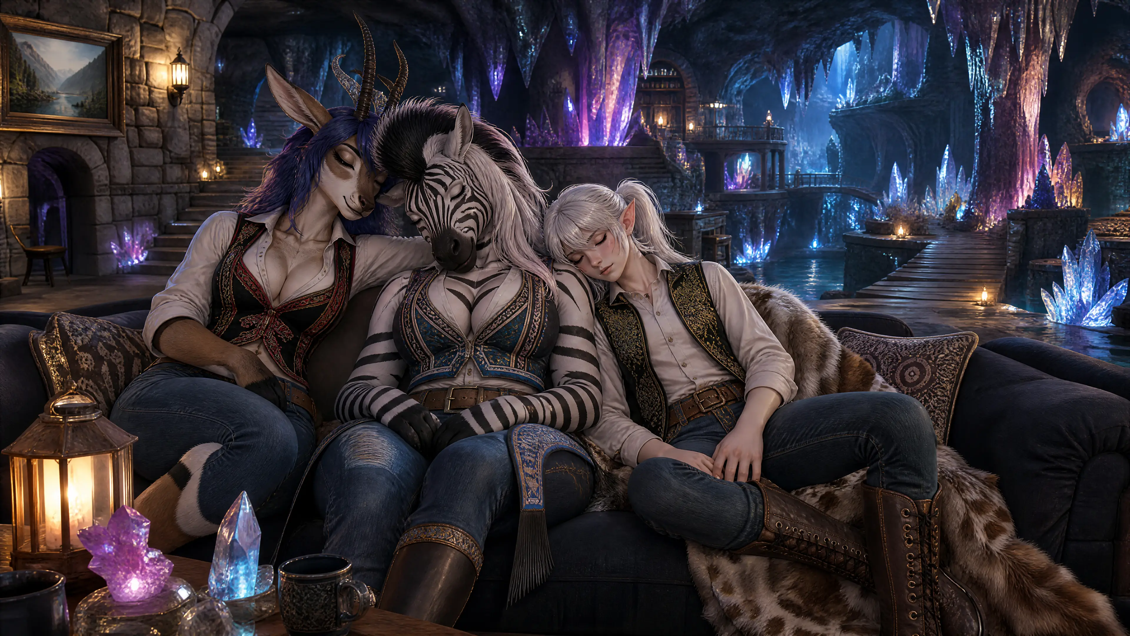 Trio fantasy che dorme su un divano in una caverna di cristallo