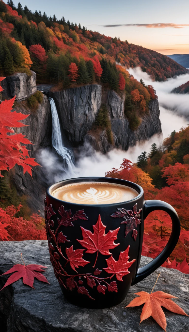 Black mug of steaming coffee on a rocky cliff