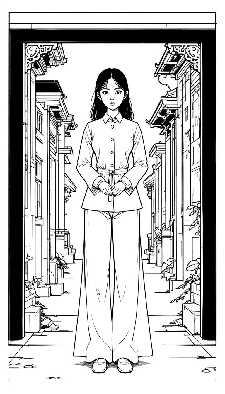 Stilisierte Frau in traditioneller Kleidung als Line-Art-Illustration