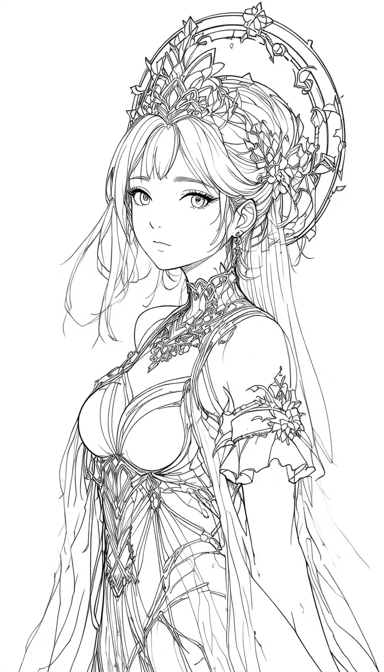 Gelassene Anime-Frau mit Heiligenschein in detaillierter Line-Art