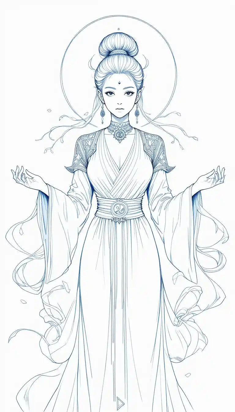 Divine manga priestess girl with halo and flowing ribbons