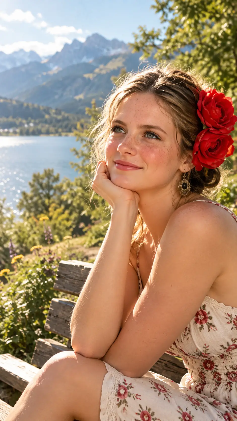 Smiling young girl on a bench in sunlit nature