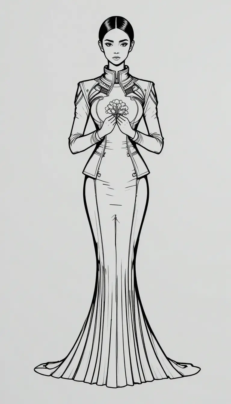 Monochrome fashion line art of regal woman with flowers