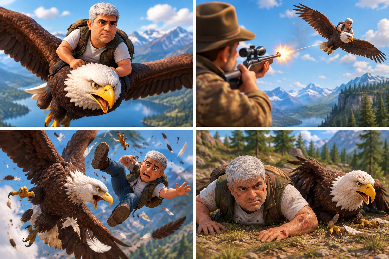 Cartoon rider soaring through the sky on a giant eagle