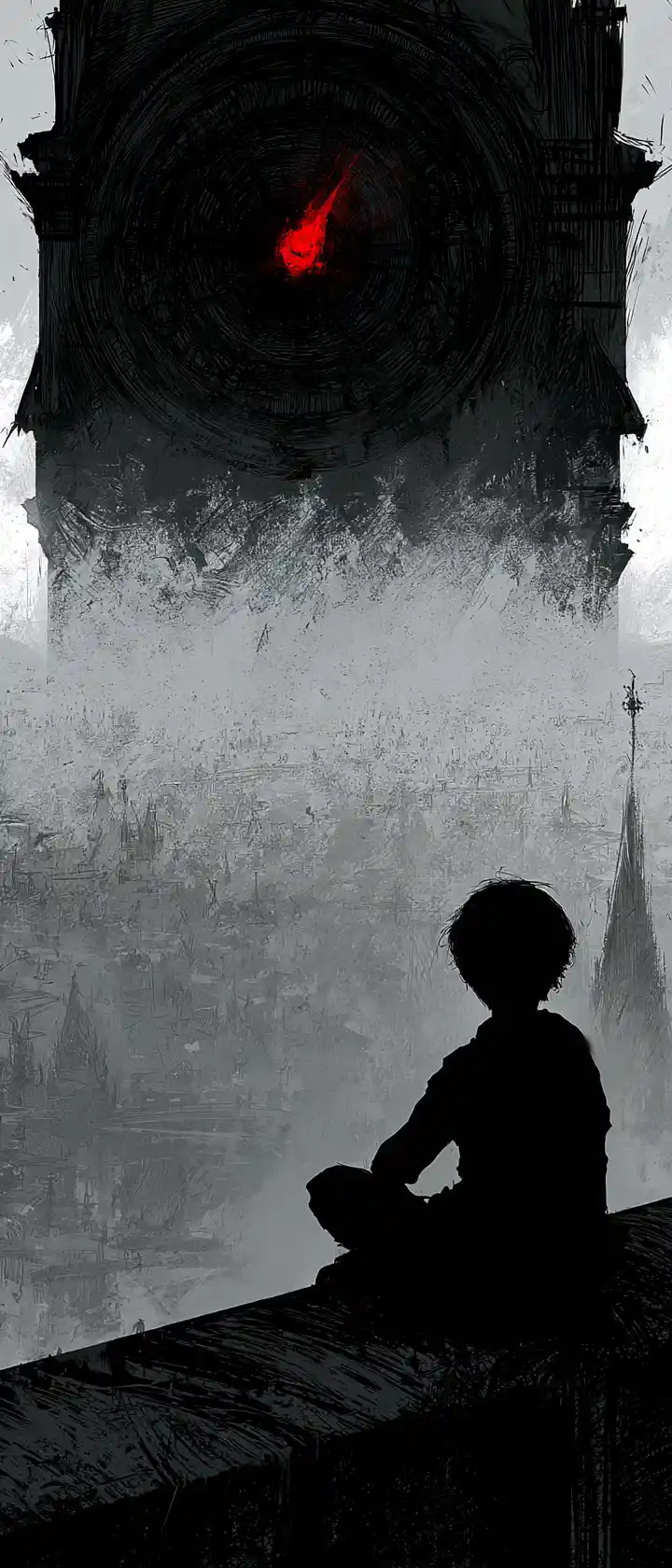 Child On Clock Tower Overlooking Foggy Monochrome City