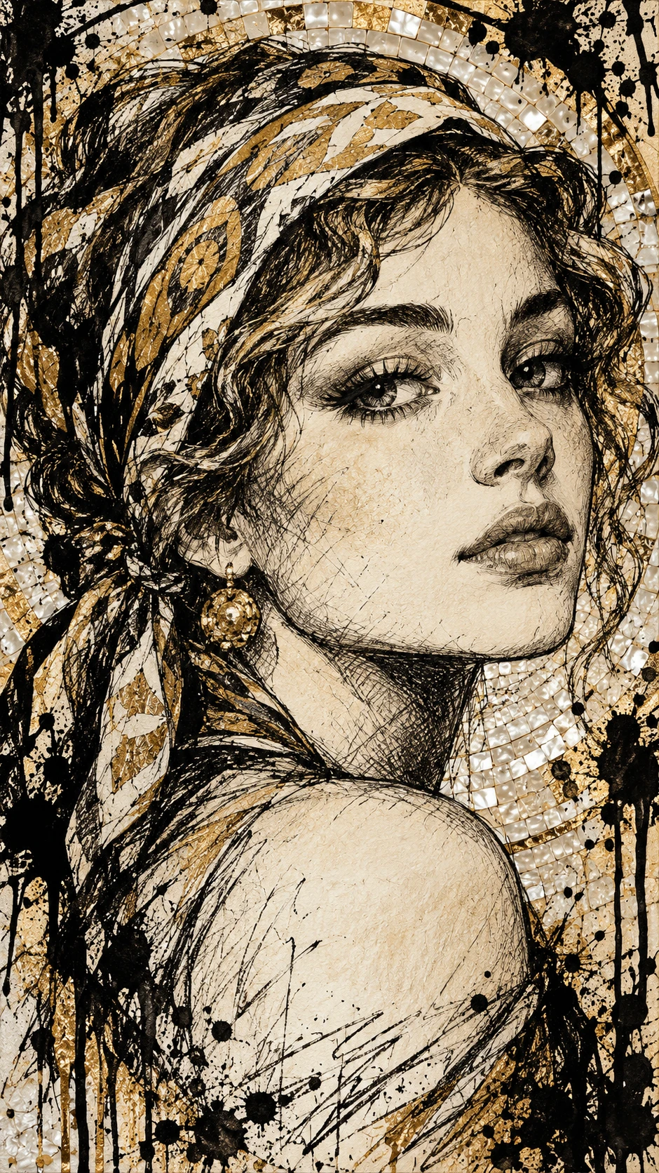Ink portrait of a young woman with bandana and pearl background
