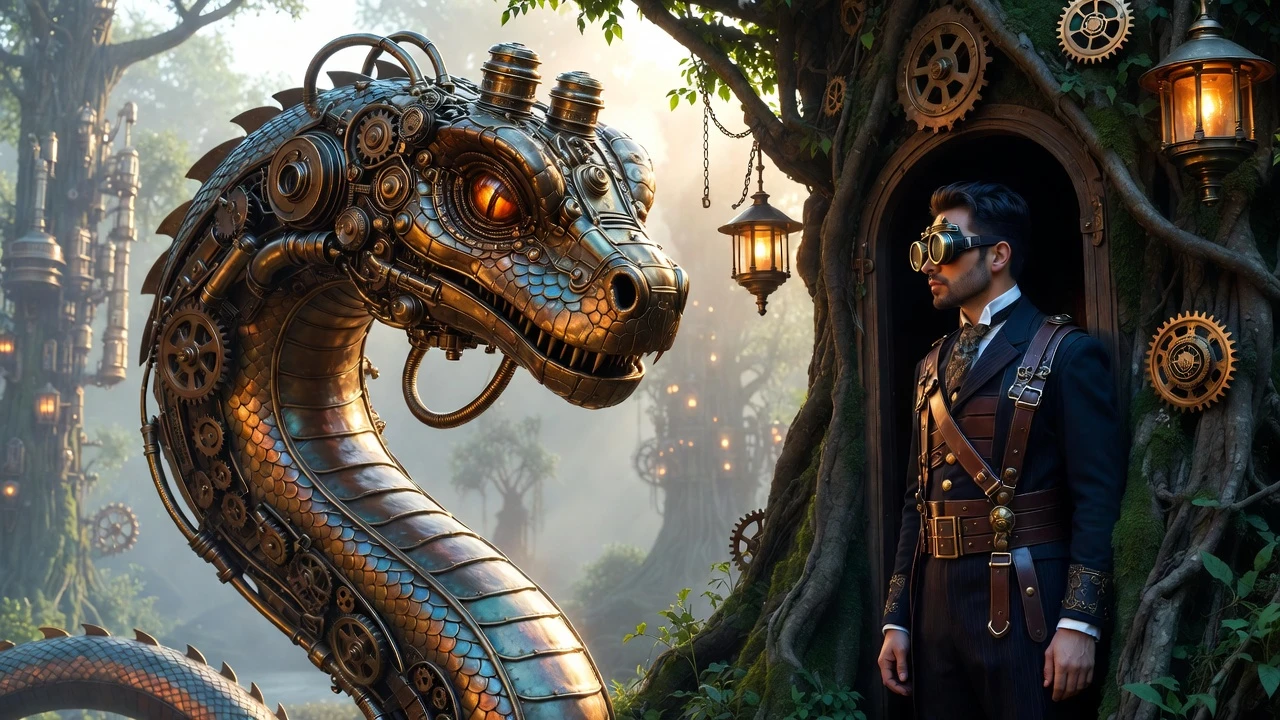 Steampunk-Schlange, die sich um ein uraltes Baumhaus windet