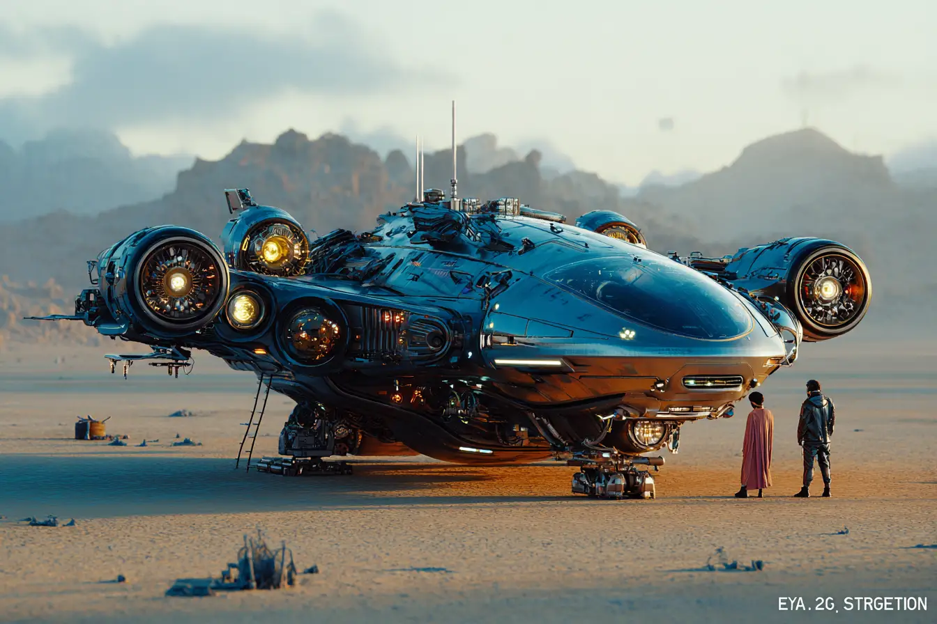 Futuristisches Raumschiff über einer Sci‑Fi‑Stadt bei Nacht