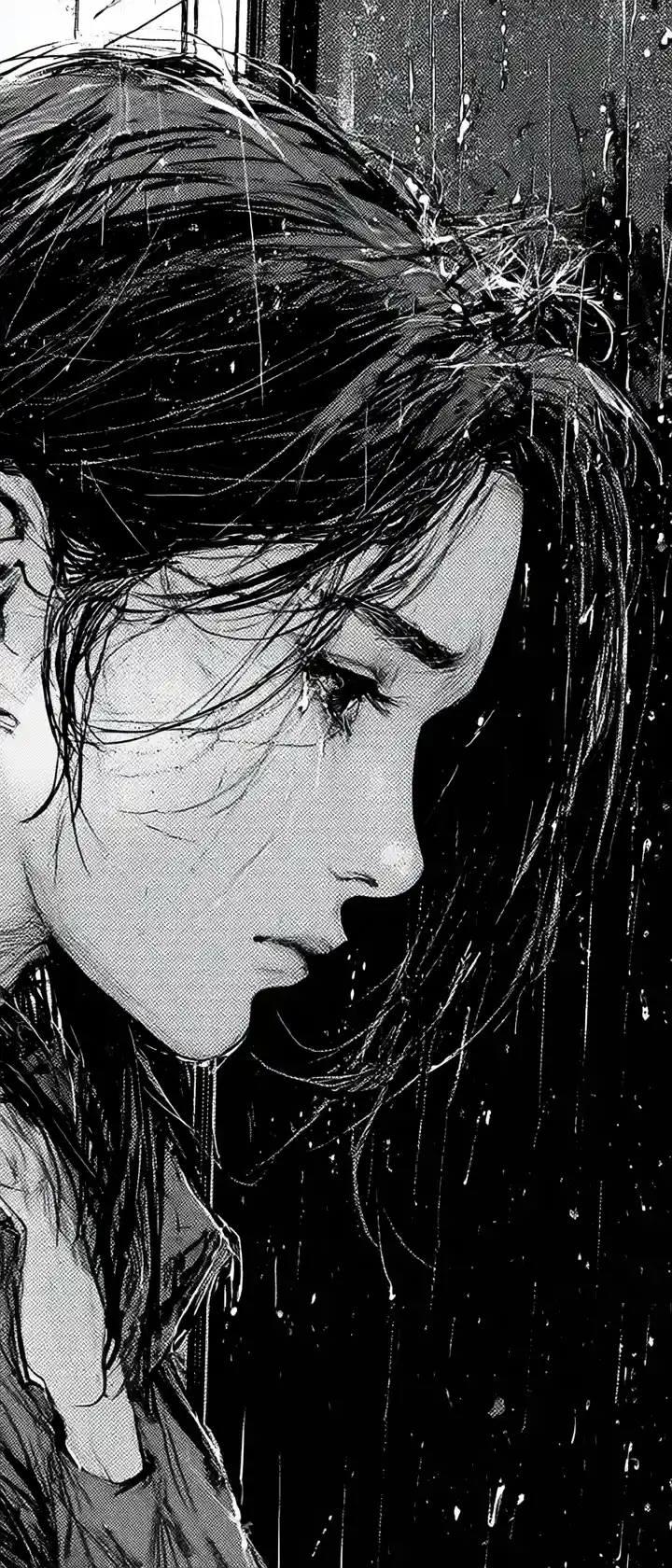 Sorrowful woman in rain by a dark window in manga style