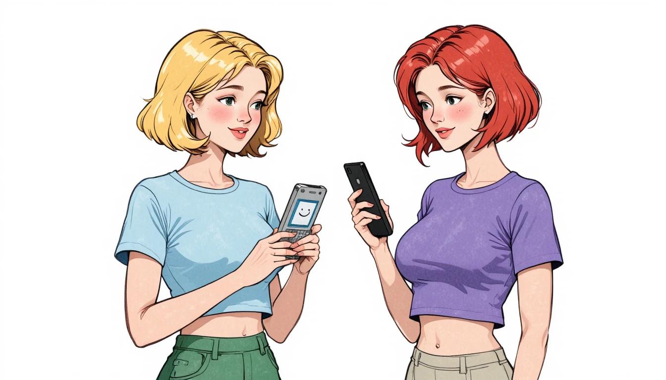 Two girls chatting with retro flip phones in cartoon style