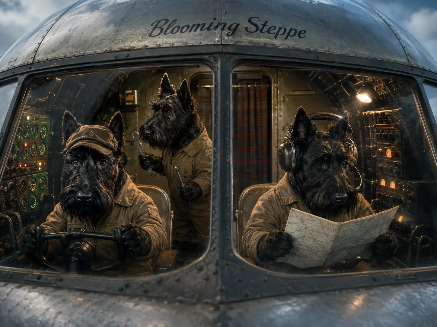 Anthropomorphic terrier crew in a vintage airplane cockpit