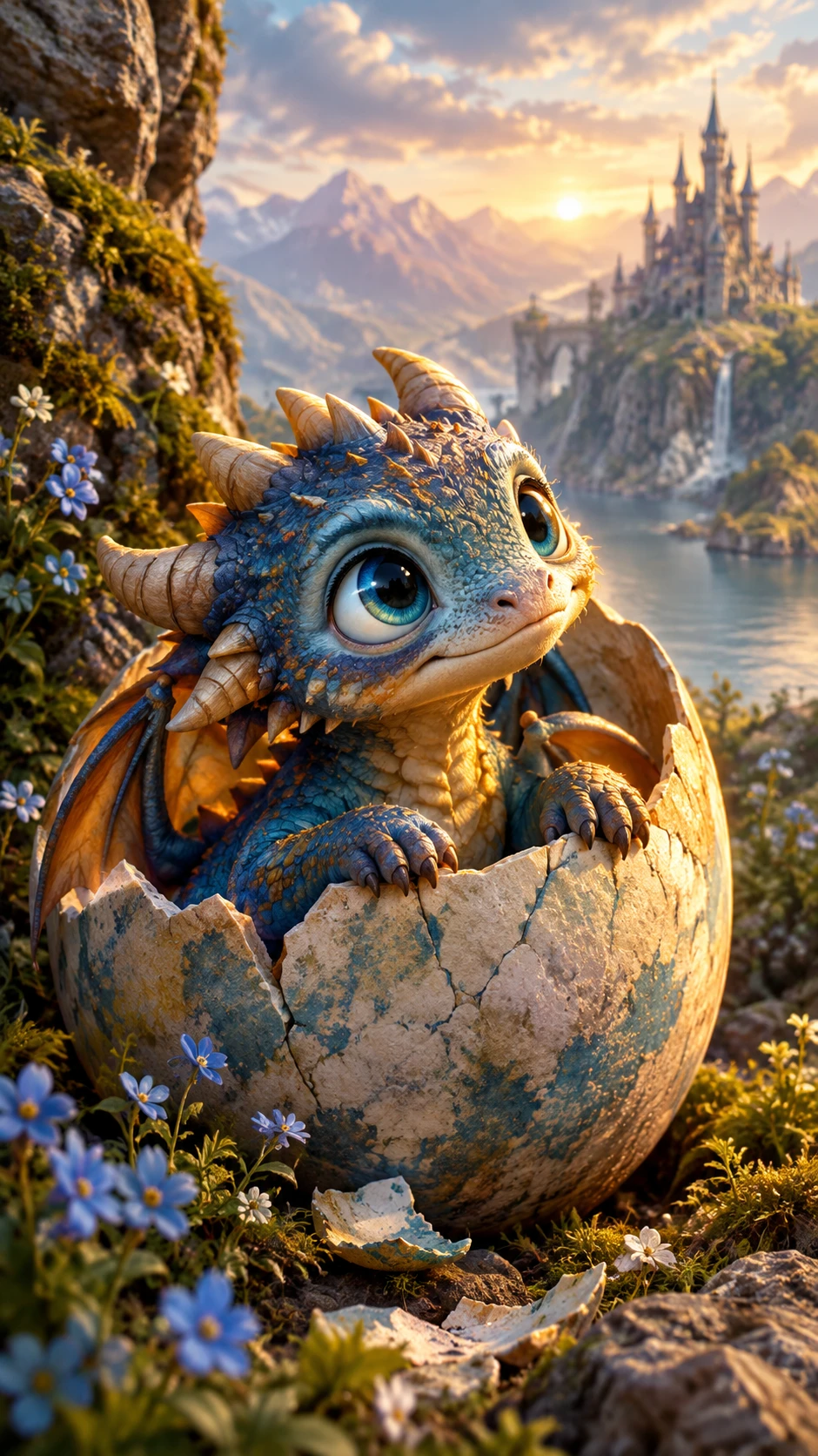 Joyful baby fantasy creature in a vibrant magical world