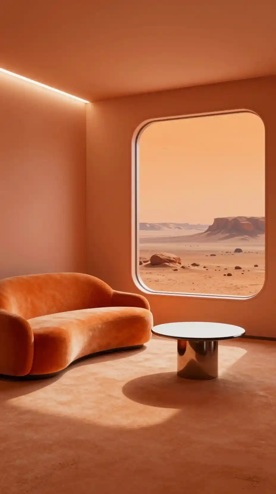 Minimalist mars living room with orange sofa and window
