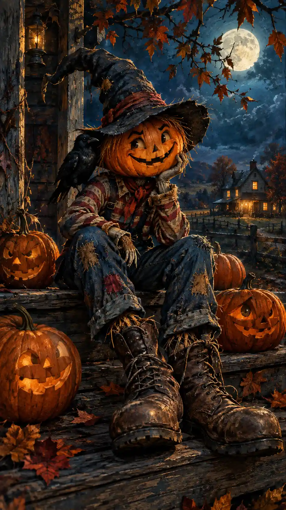 Playful scarecrow boy resting on a moonlit farmhouse porch