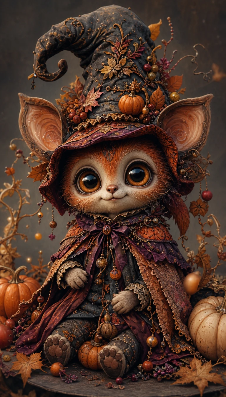 Whimsical autumn fantasy creature in storybook illustration