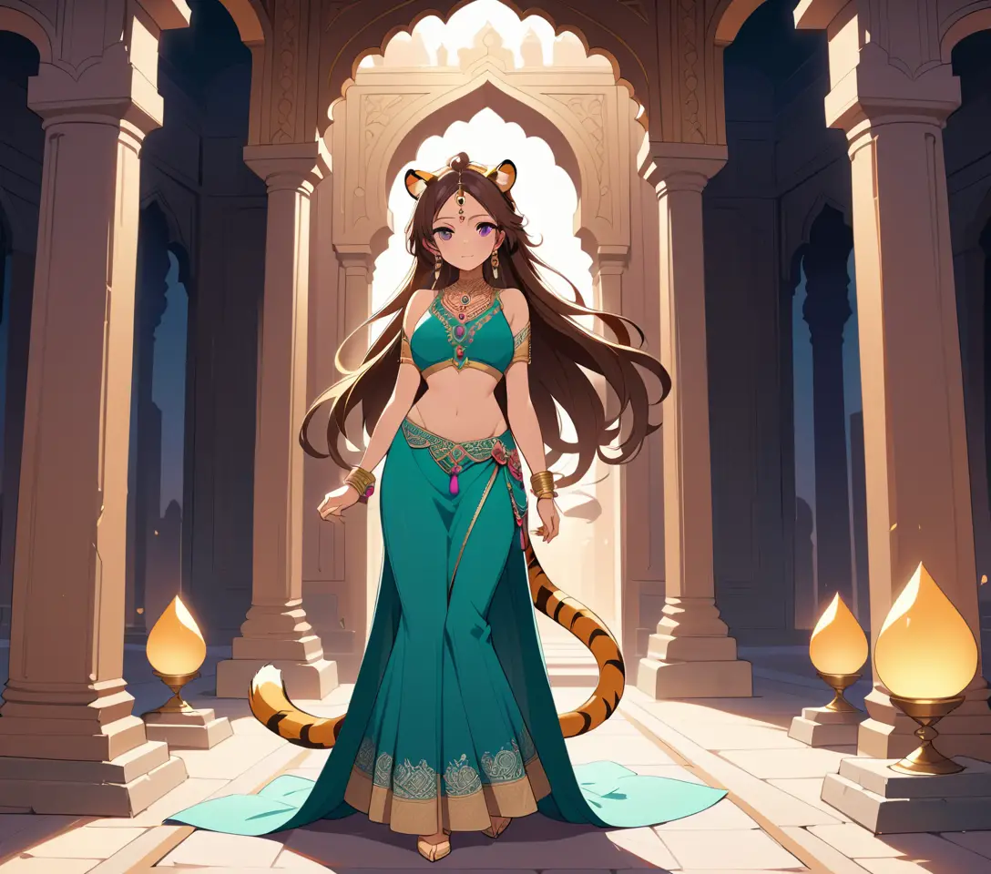 Elegant anime tiger woman in a candlelit Indian temple