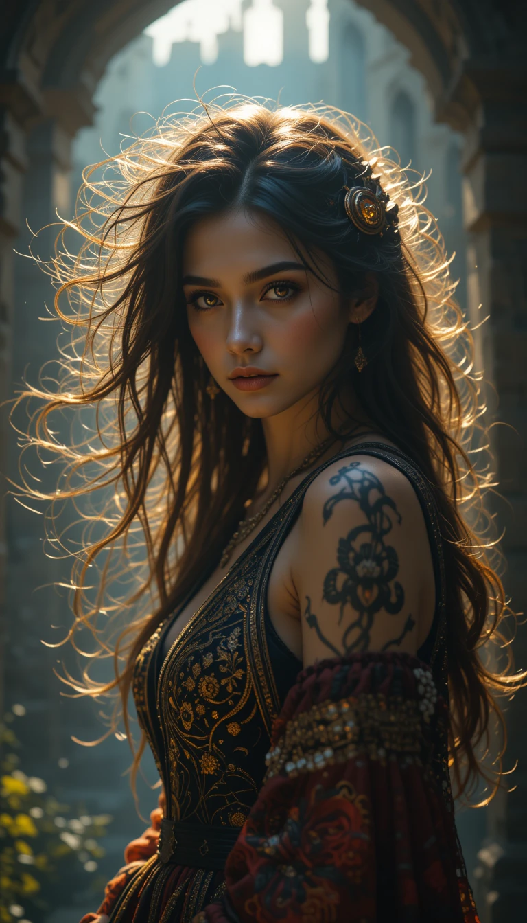 Mystical Gypsy Woman Beside Ancient Castle Wall