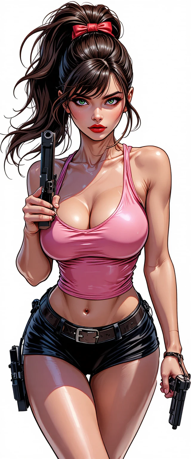 핑크 민소매를 입고 강렬한 붉은 눈을 가진 애니메이션 여총잡이