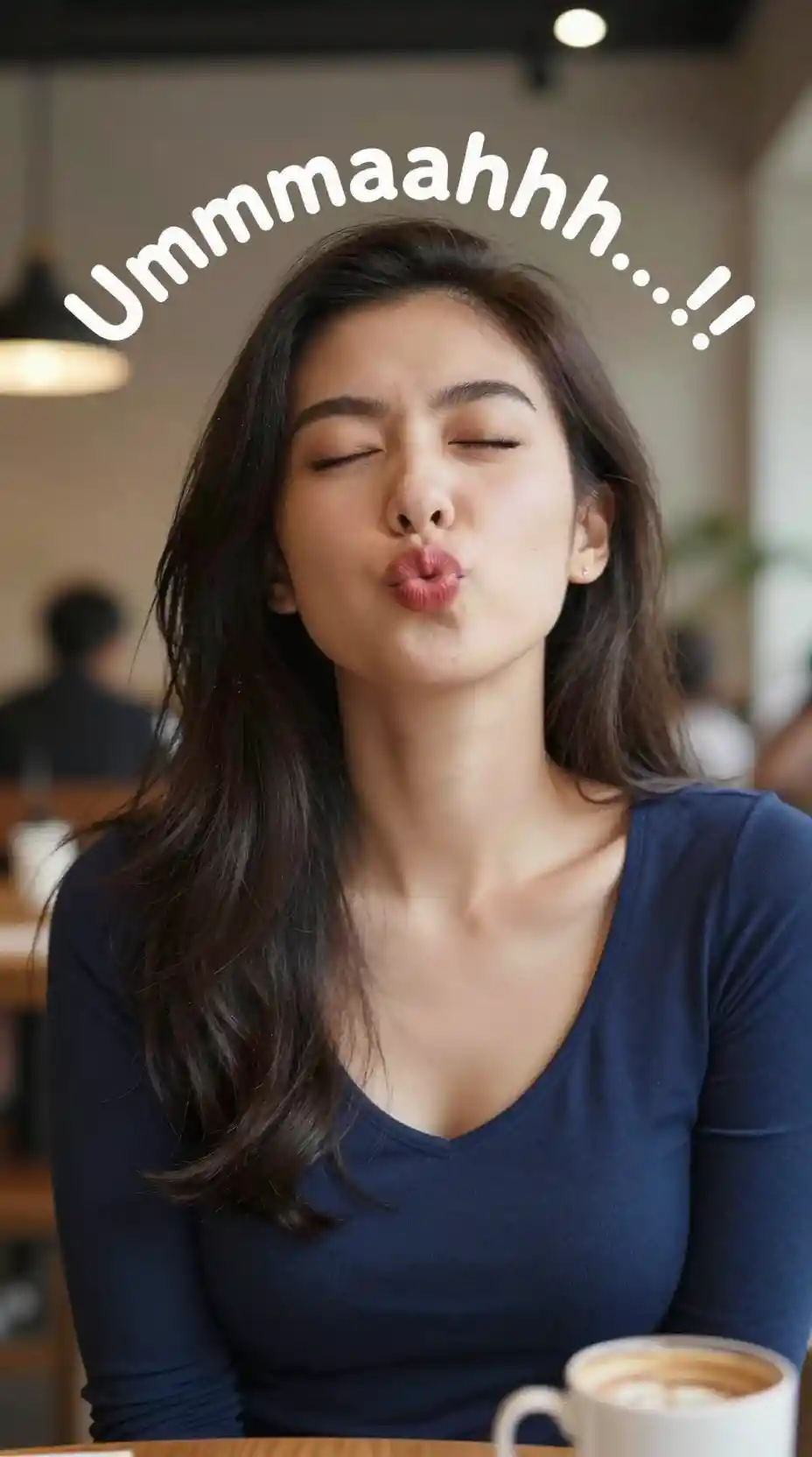 Playful woman in cafe close up with eyes gently closed