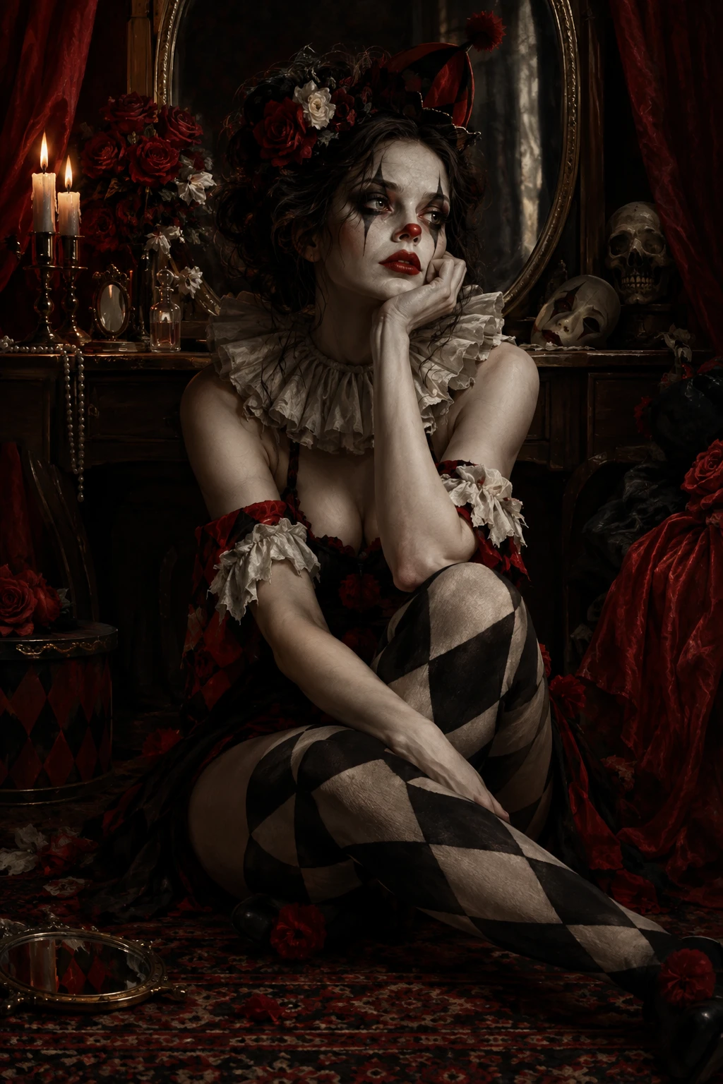 Clown donna pensierosa seduta da sola in un camerino in penombra