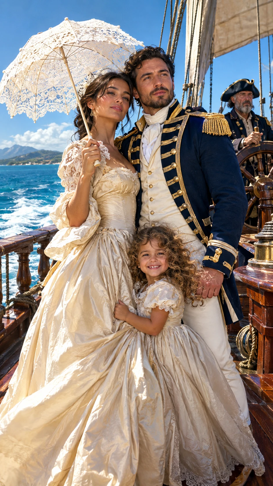 Junge Frau im Seidenkleid auf sonnenbeschienenem spanischem Schiffsdeck